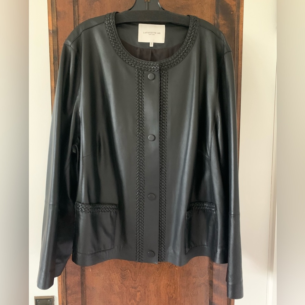 Lafayette 148 NY Alden Braided Trim Lambskin Leather Jacket 3X Excellent - Picture 3 of 14